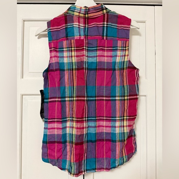 NWT Lauren Ralph Lauren Multicolor Plaid 100% Linen Button Up Sleeveless Shirt M - Picture 3 of 9
